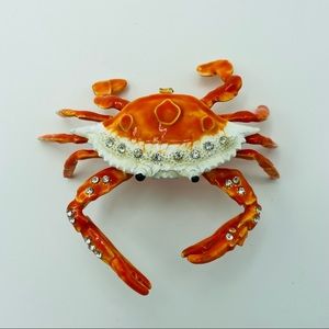 Bejeweled Orange Enameled Metal Crab Shaped Trinket/Jewelry Box